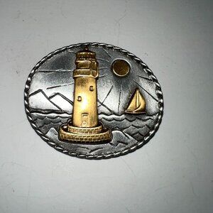 Vintage Lighthouse & Sailboat Oval Pin Brooch Silver & Gold Tone Nautical Jewelr